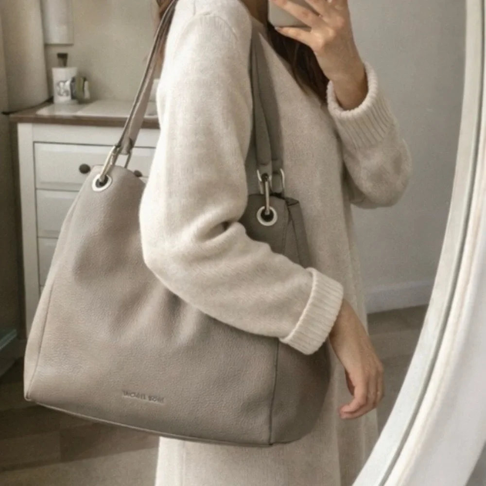 Michael Kors Raven Large Pebbled Leather Shoulder Bag Taupe Silver Hardware